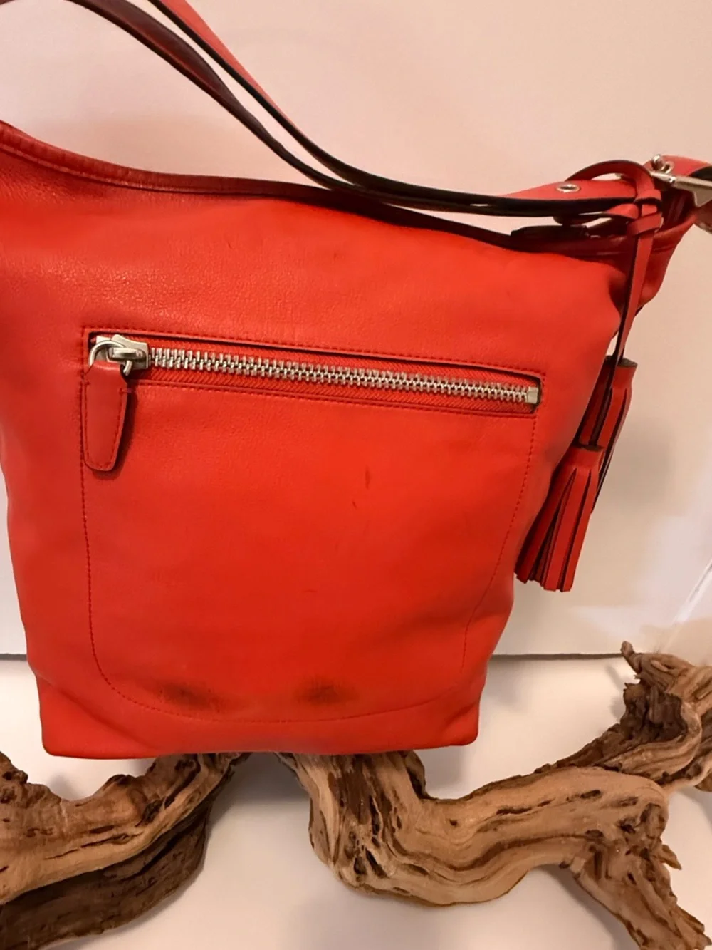 Coach Y2K Coral Red Leather Shoulder Tote Slouchy Boho Tassel Hobo Bag - Picture 3 of 12